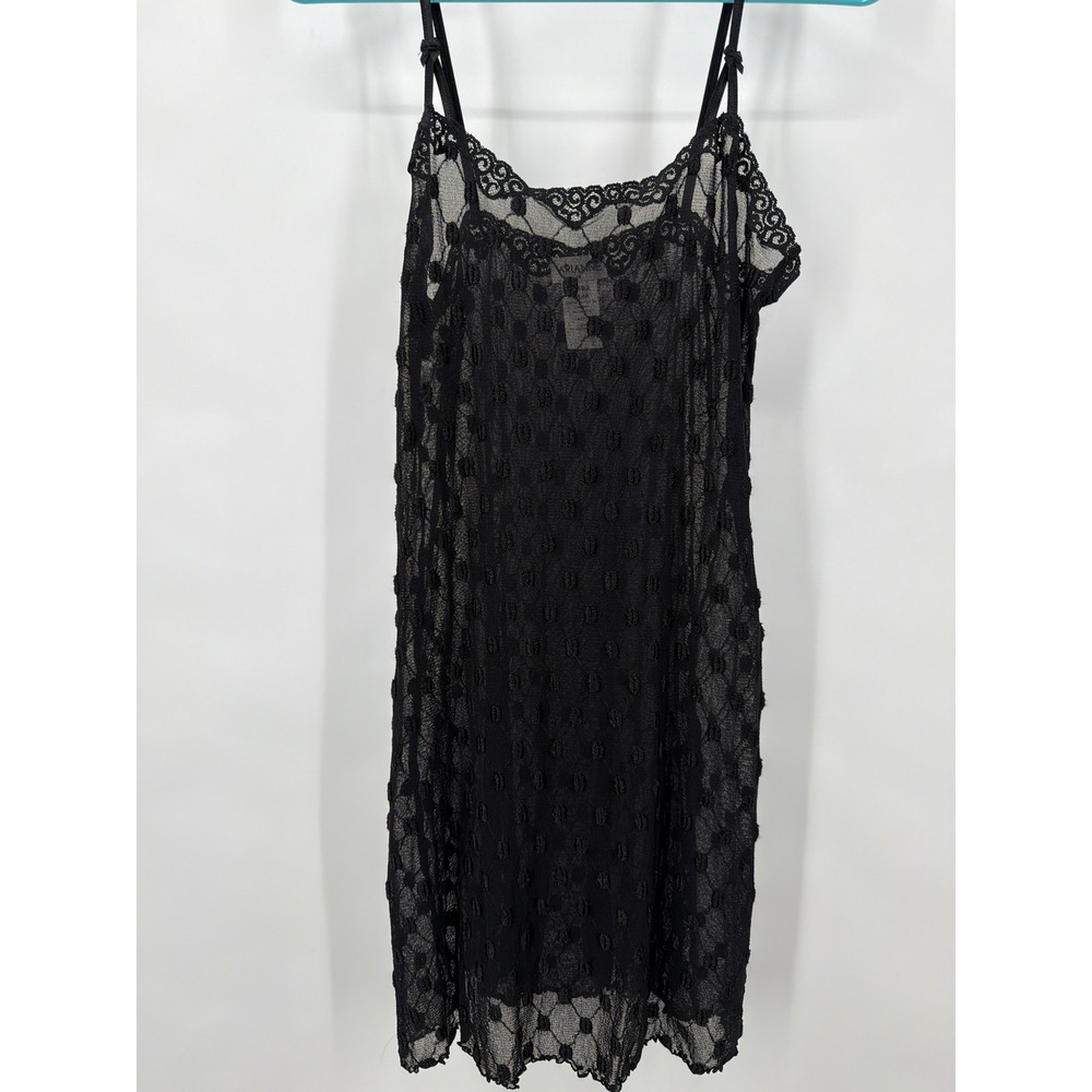 Vtg Y2K Arianne Black Lace Sheer‎ Swiss Dot Chemise Slip Dress Women M Fairycore